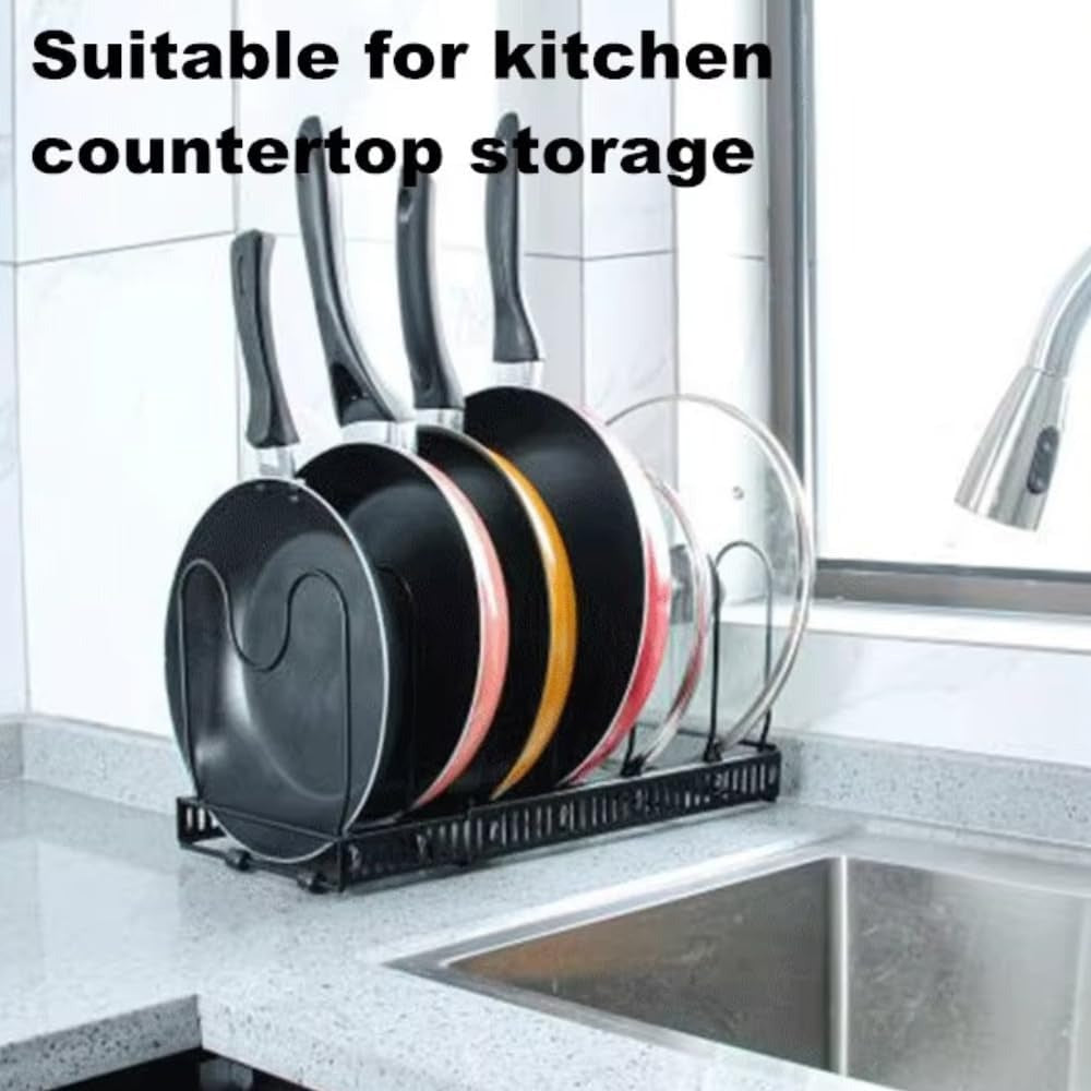 Expandable Pot and Pan Organizer Rack for Kitchen Cabinet – Adjustable Pan Holder with 3 Dividers | Extendable 11.8”–22.8” for Pots, Lids, Frying Pans, Bakeware & Skillets | Heavy-Duty Steel Rack