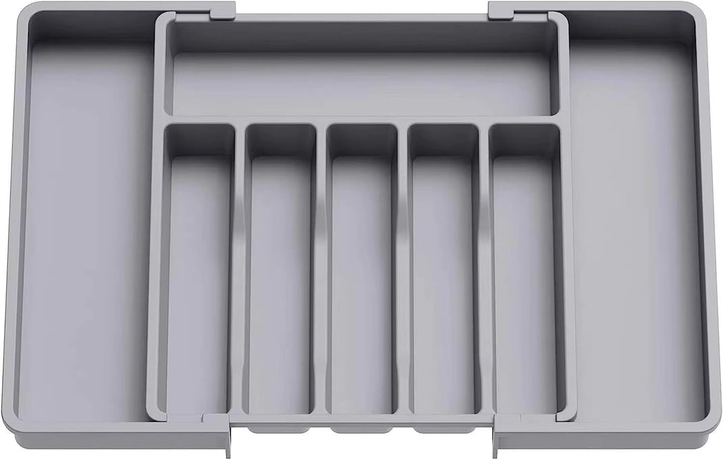 Expandable Cutlery Tray for Kitchen Drawer – Adjustable Utensil Organizer with 5–7 Compartments for Forks, Knives, Spoons & Tools | Non-Slip, Durable Plastic Silverware Organizer (Black)
