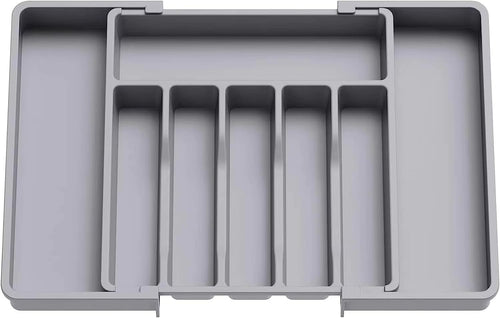 Expandable Cutlery Tray for Kitchen Drawer – Adjustable Utensil Organizer with 5–7 Compartments for Forks, Knives, Spoons & Tools | Non-Slip, Durable Plastic Silverware Organizer (Black)