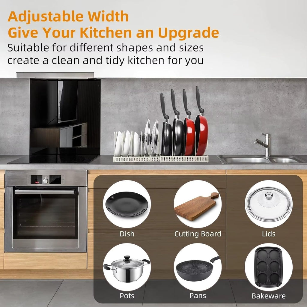 Expandable Pot and Pan Organizer Rack for Kitchen Cabinet – Adjustable Pan Holder with 3 Dividers | Extendable 11.8”–22.8” for Pots, Lids, Frying Pans, Bakeware & Skillets | Heavy-Duty Steel Rack