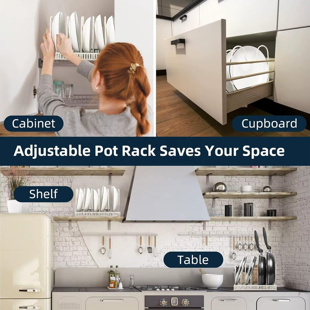 Expandable Pot and Pan Organizer Rack for Kitchen Cabinet – Adjustable Pan Holder with 3 Dividers | Extendable 11.8”–22.8” for Pots, Lids, Frying Pans, Bakeware & Skillets | Heavy-Duty Steel Rack